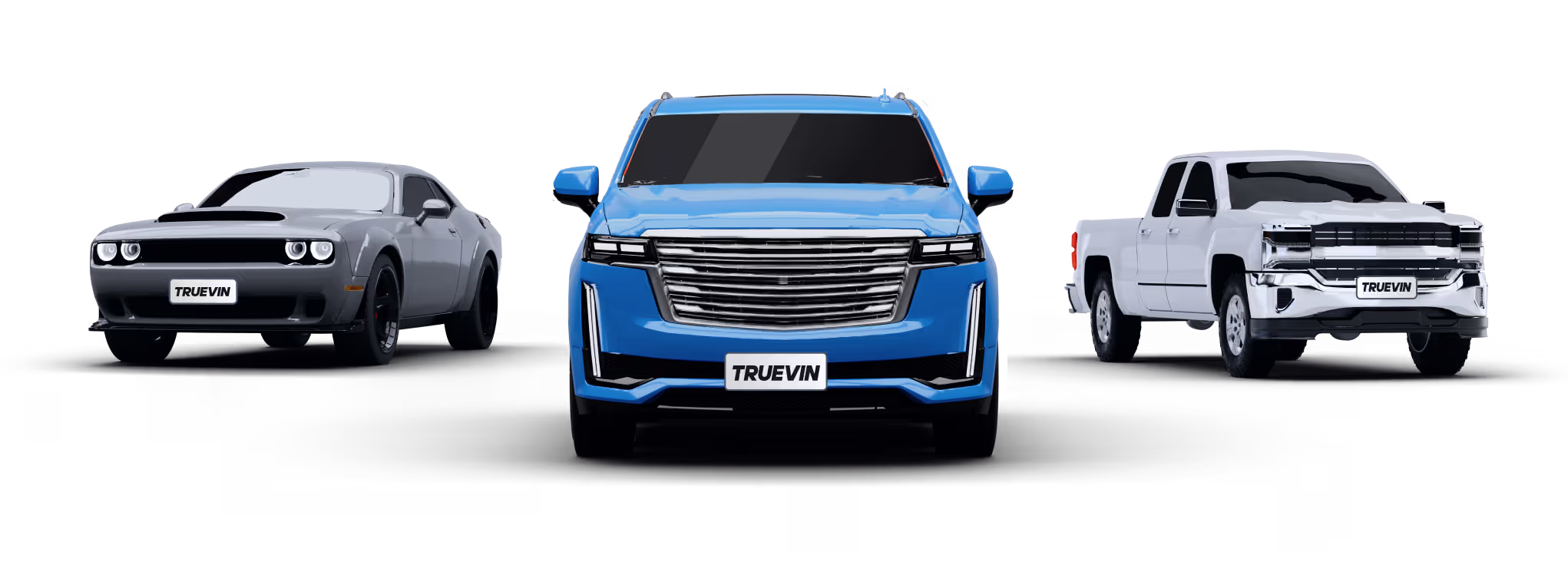 Grey muscle sports car, blue SUV, white pickup truck