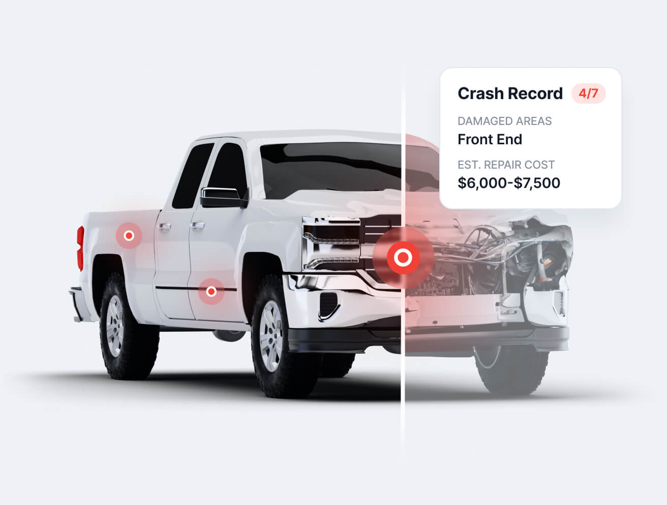 vehicle history report showing collision damage points on a white pickup truck
